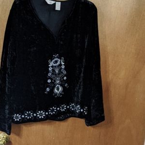 J Jill  Black Embroidered Rayon Velvet L Boho Top